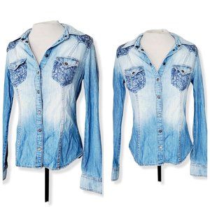 GUESS Cotton Western Chambray Denim Lace Shirt
